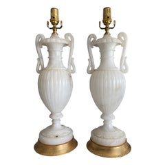 Retro Pair Italian Urn & Handles Neoclassic Alabaster Table Lamps