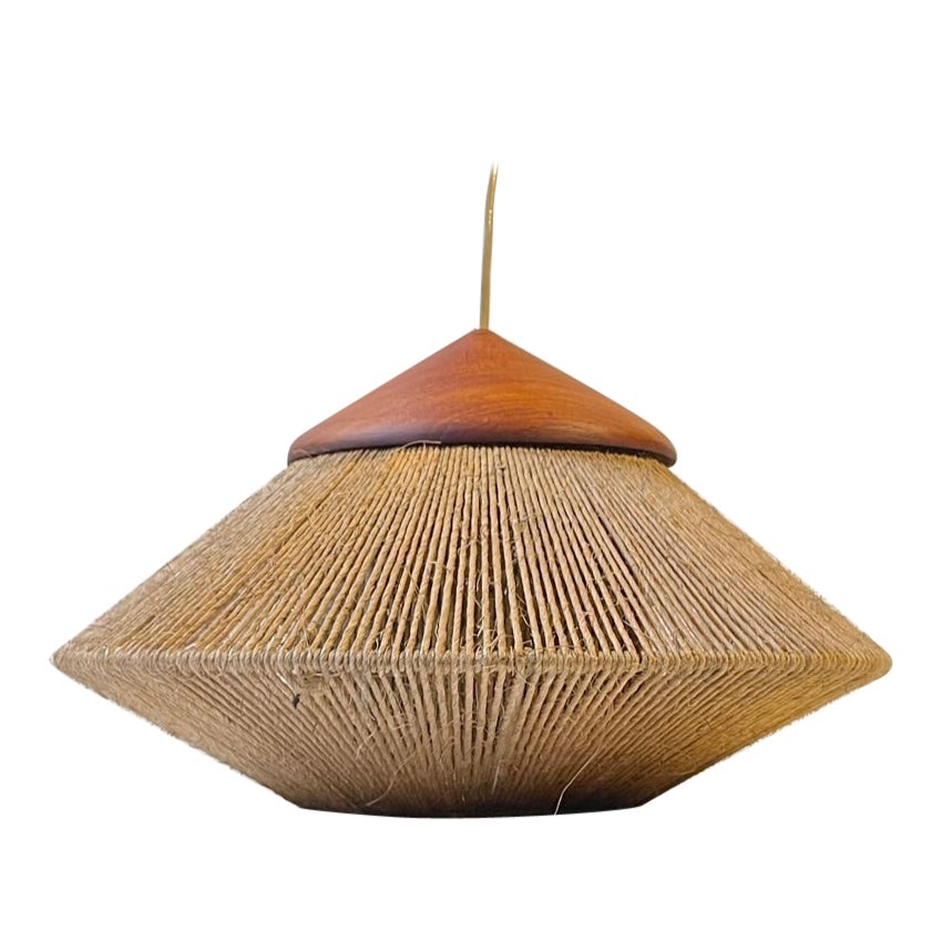 Midcentury Fog & Mørup Pendant Lamp in Natural Jute String and Teak, 1960s