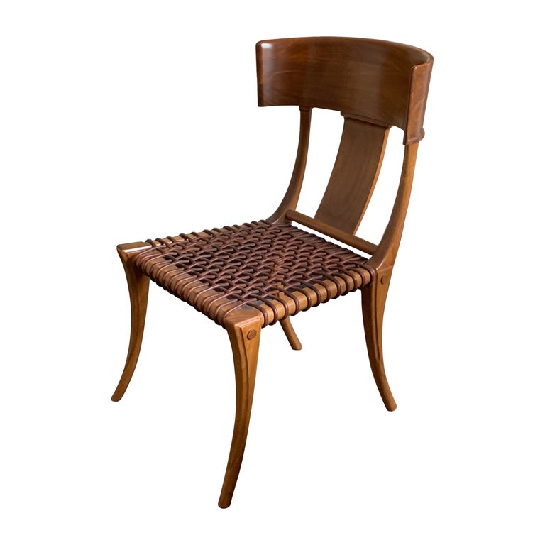 T.H. Robsjohn-Gibbings for Saridis Klismos Chairs in Walnut with Leather Thongs For Sale