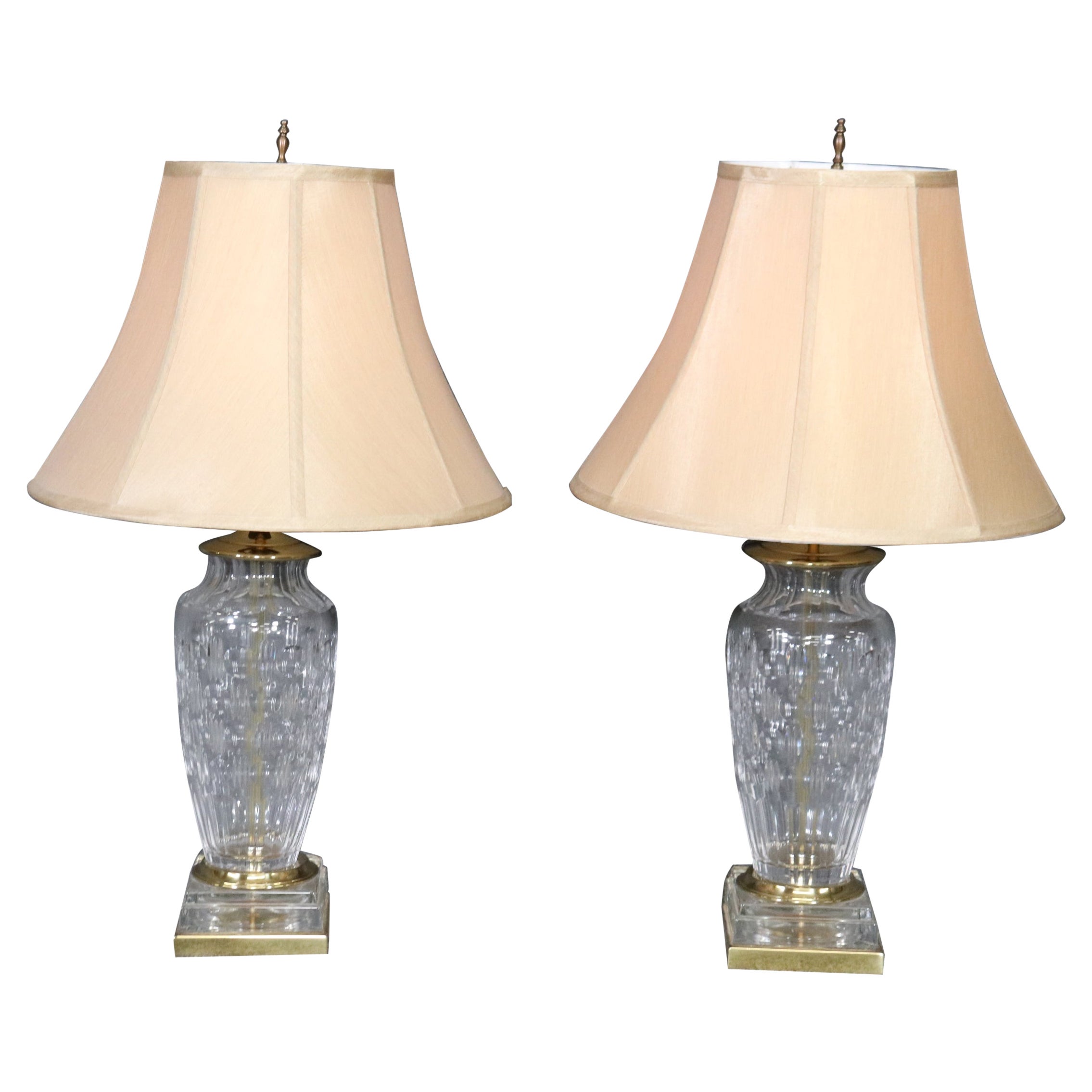 Pair of Crystal and Brass Lamps Attributed to Waterford For Sale
