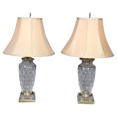 Antique Pair of Crystal and Brass Lamps Attributed to Waterford