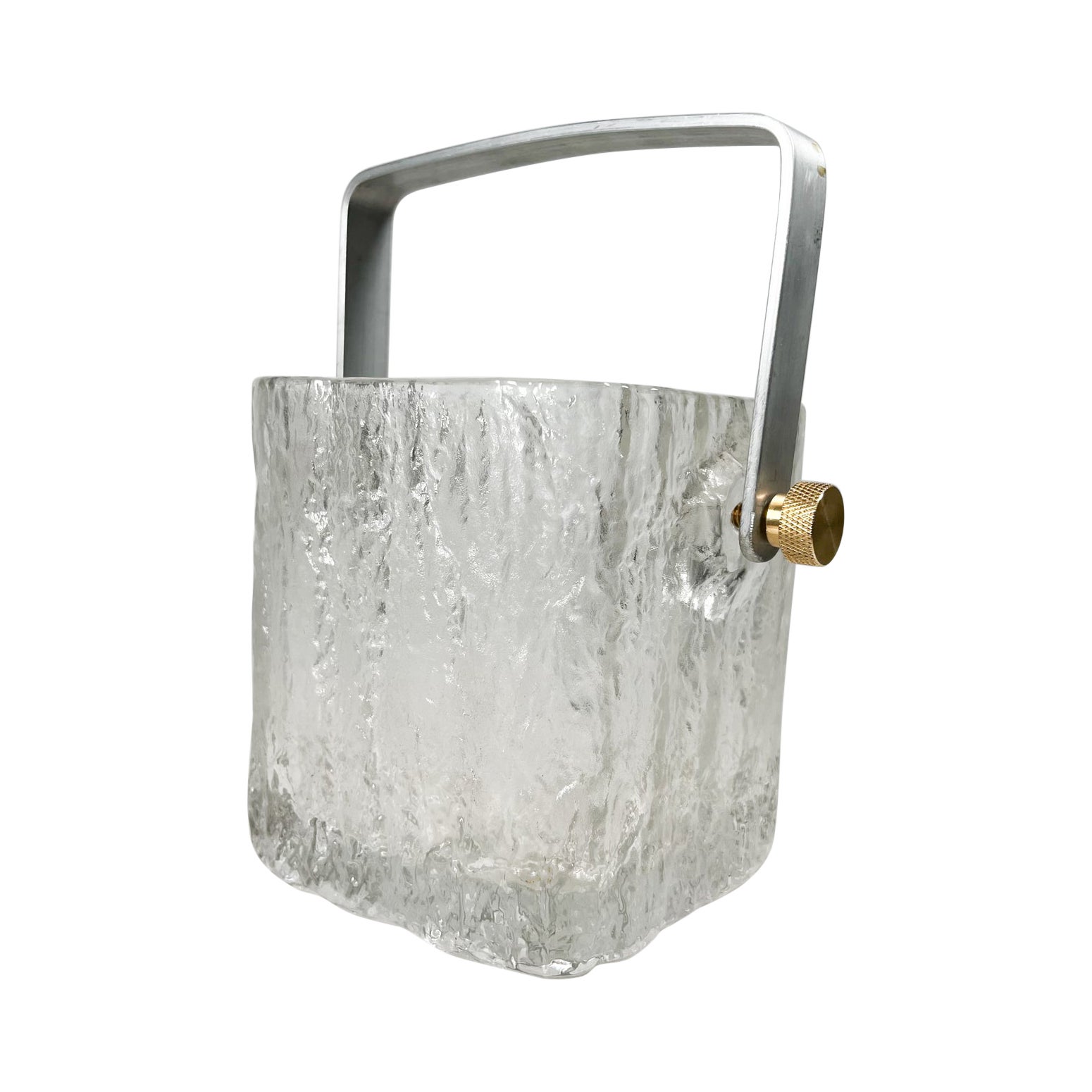 Seau à glace scandinave moderne des années 1960 en cristal, verre d'art et poignée en aluminium