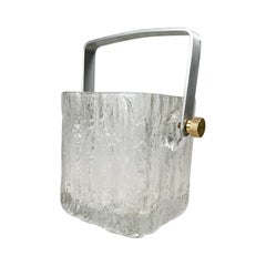 1960s Scandinavian Modern Ice Bucket Crystal Art Glass Brass & Aluminum Handle