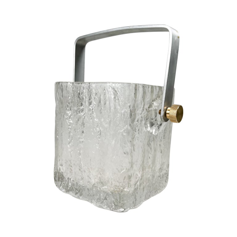 1960s Scandinavian Modern Ice Bucket Crystal Art Glass Brass & Aluminum Handle For Sale