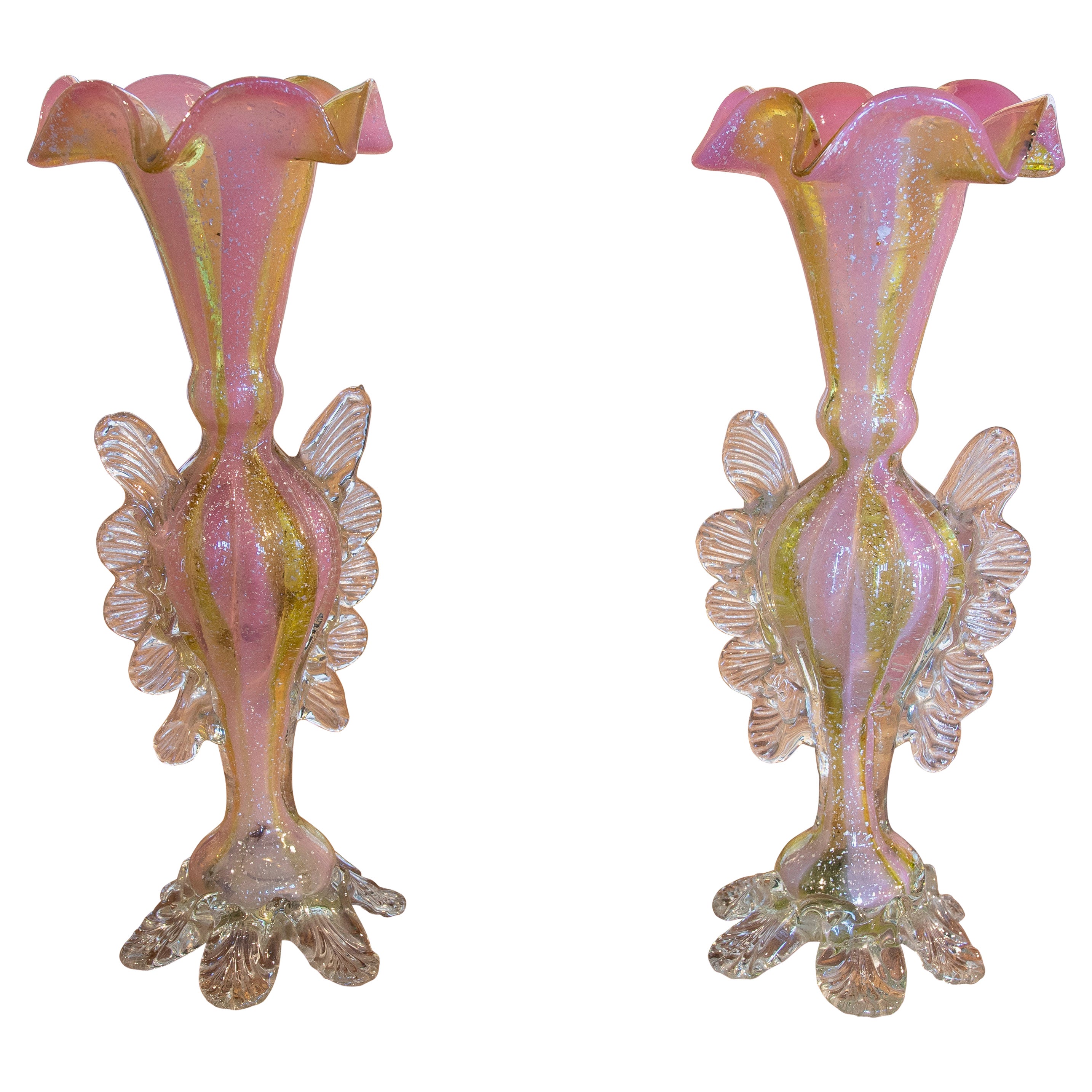 1950s Italian Pair of Murano Glass Vases in Pink Tones 