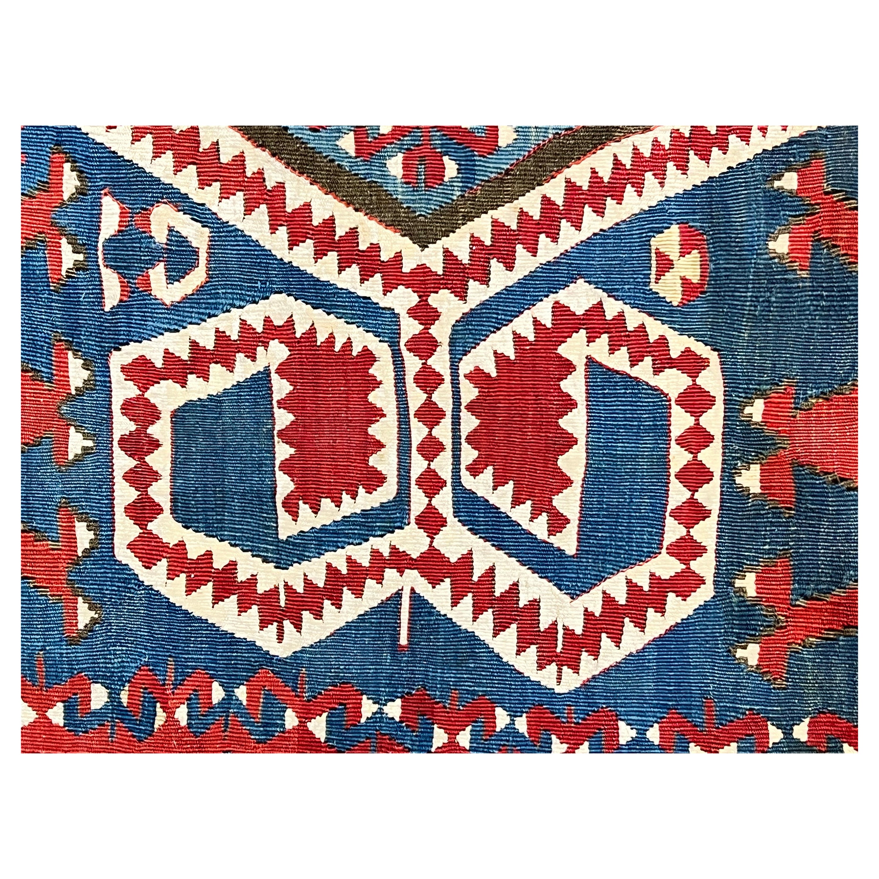 Turkish Kilim Konia Light Blue Background Decorated with Ram's Horn For Sale