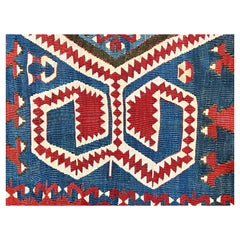 Antique Turkish Kilim Konia Light Blue Background Decorated with Ram's Horn