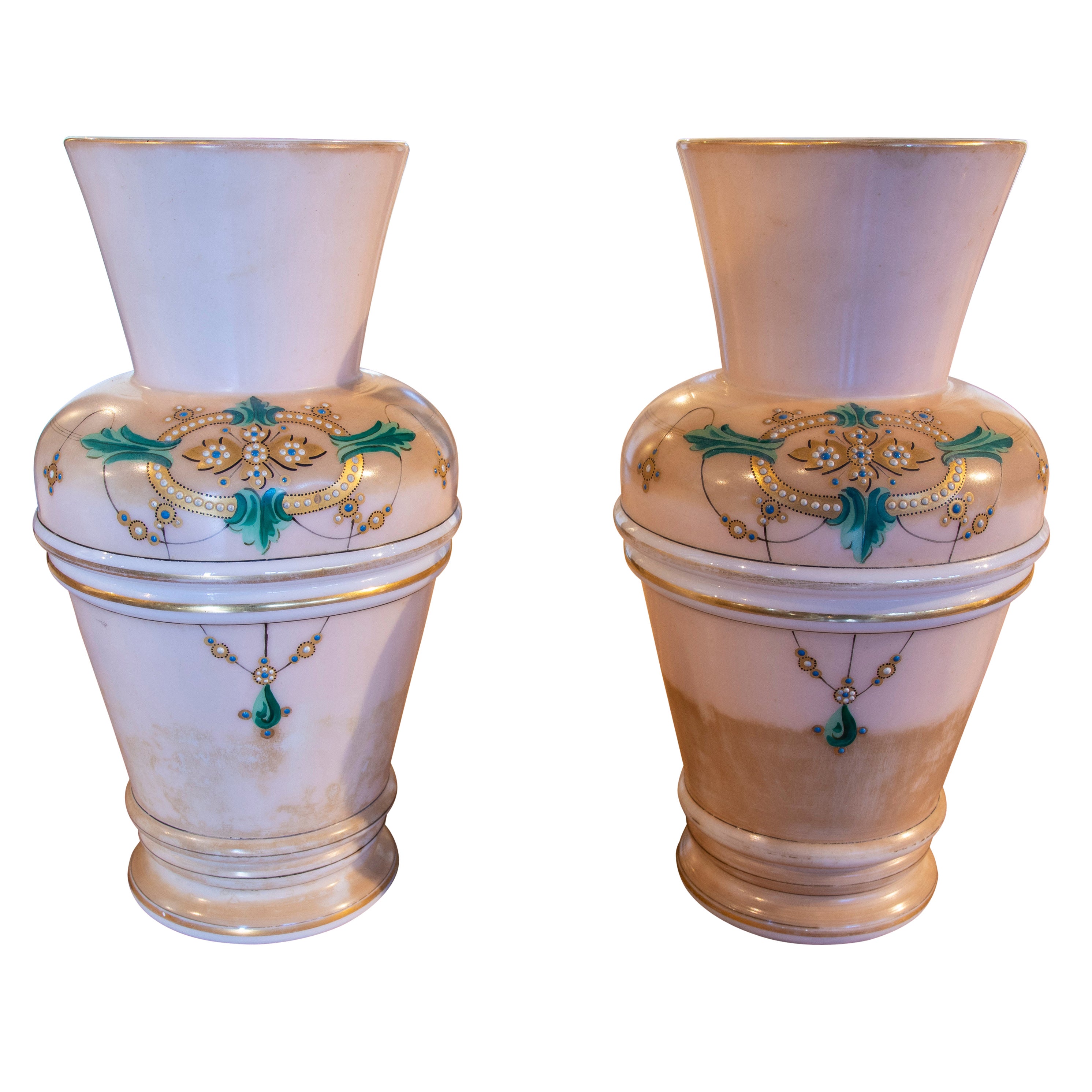 1950s Pair of Hand Painted Opaline Vases For Sale