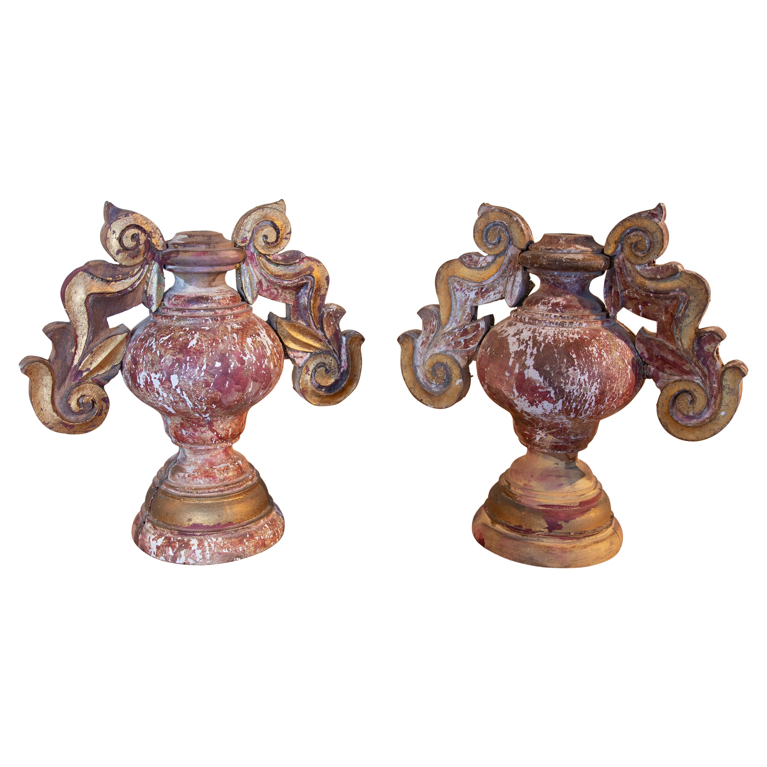 19th C Pair of Hand Painted Wooden Finials in the Shape of a Vase with Handles For Sale