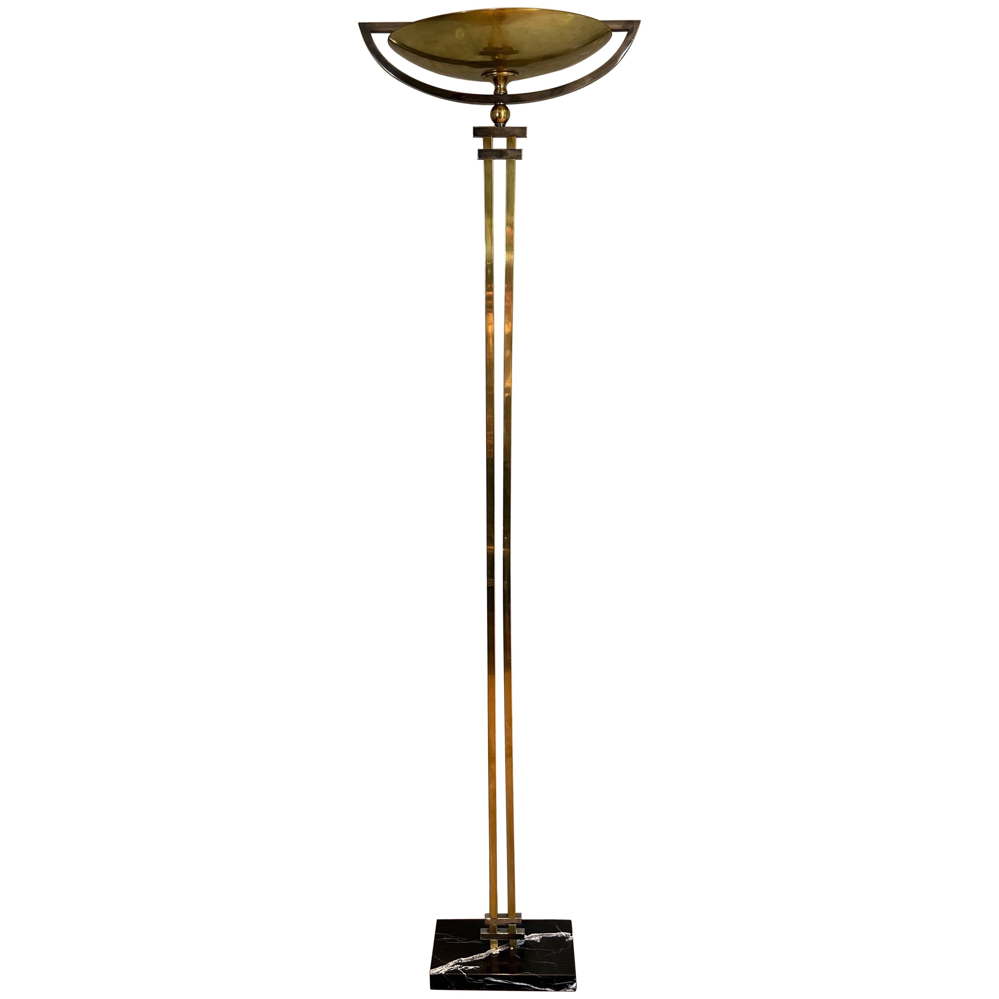 Steel and Brass Floor Lamp on a Black Marble Base, in the Style of Jean Perzel For Sale