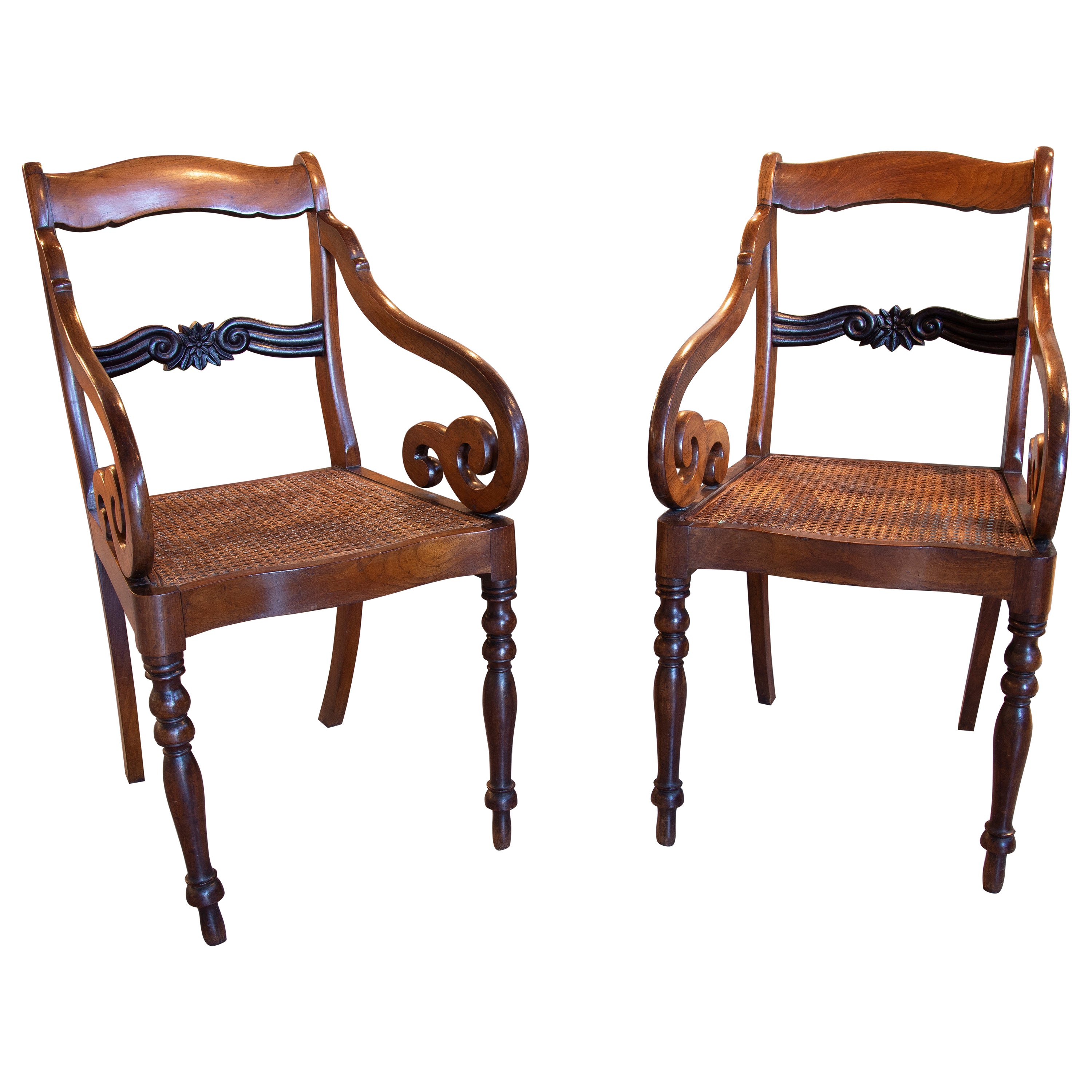 19th Century Pair of Mahogany Armchairs with Wickerwork Seats