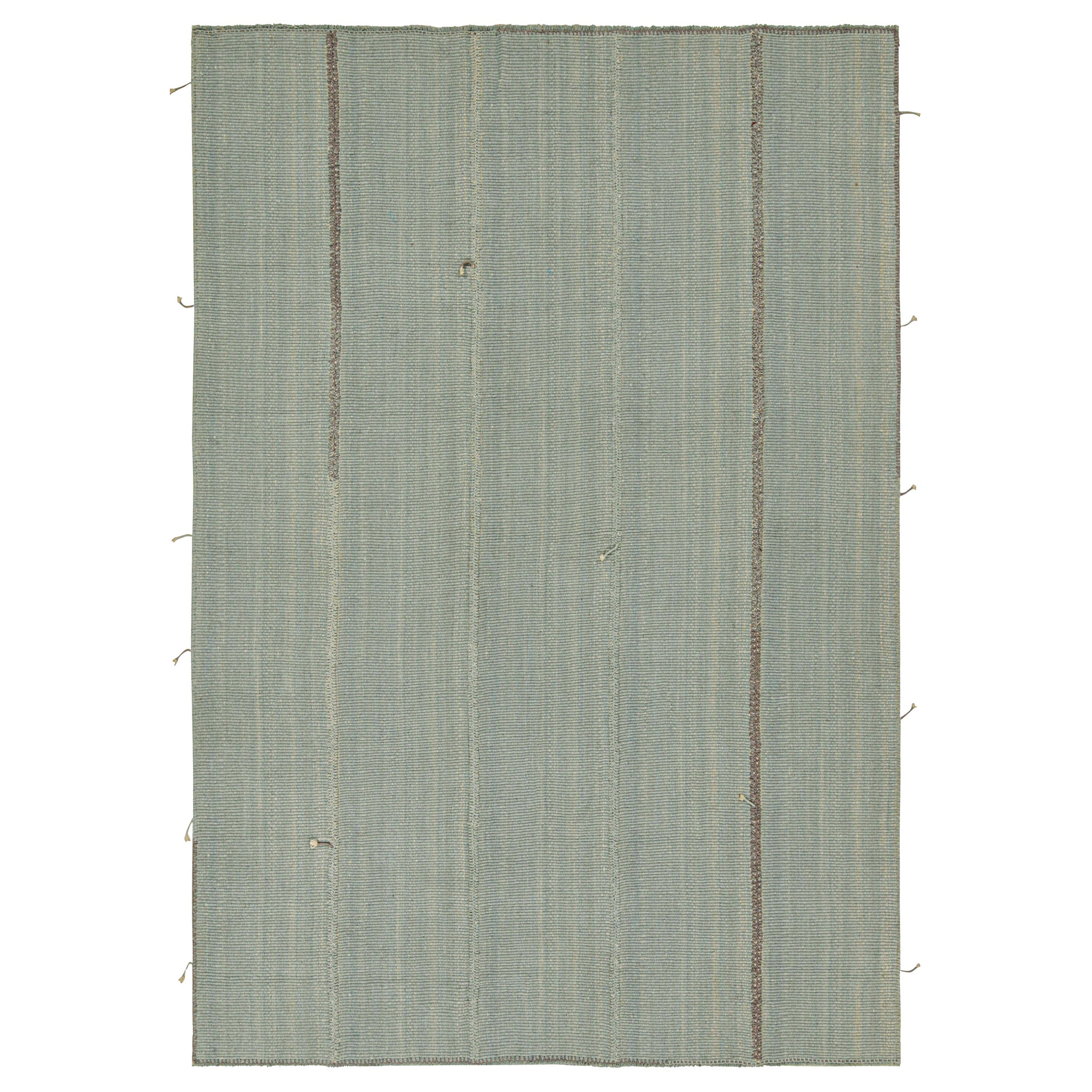 Rug & Kilim’s Contemporary Kilim Rug in Blue with Gray Stripes and Brown Accents For Sale