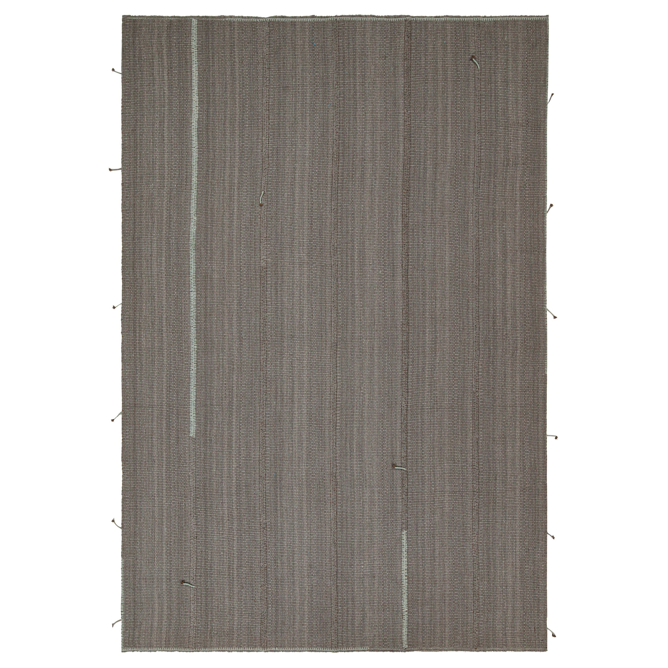 Rug & Kilim’s Contemporary Kilim Rug in Gray with Blue Stripes and Brown Accents For Sale