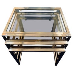 1970s Set of 3 Belgium Belgo Chrom 24k Gold Plated Chromed Steel Nesting Tables