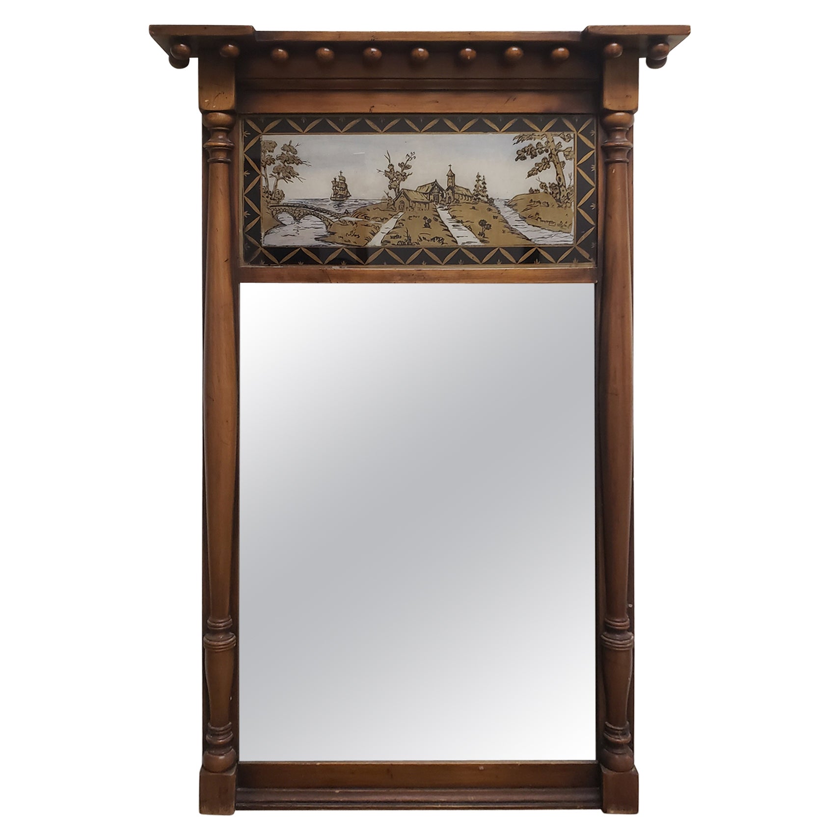 Early 20th Century Federal Style Mahogany And Eglomise Wall Trumeau Mirror