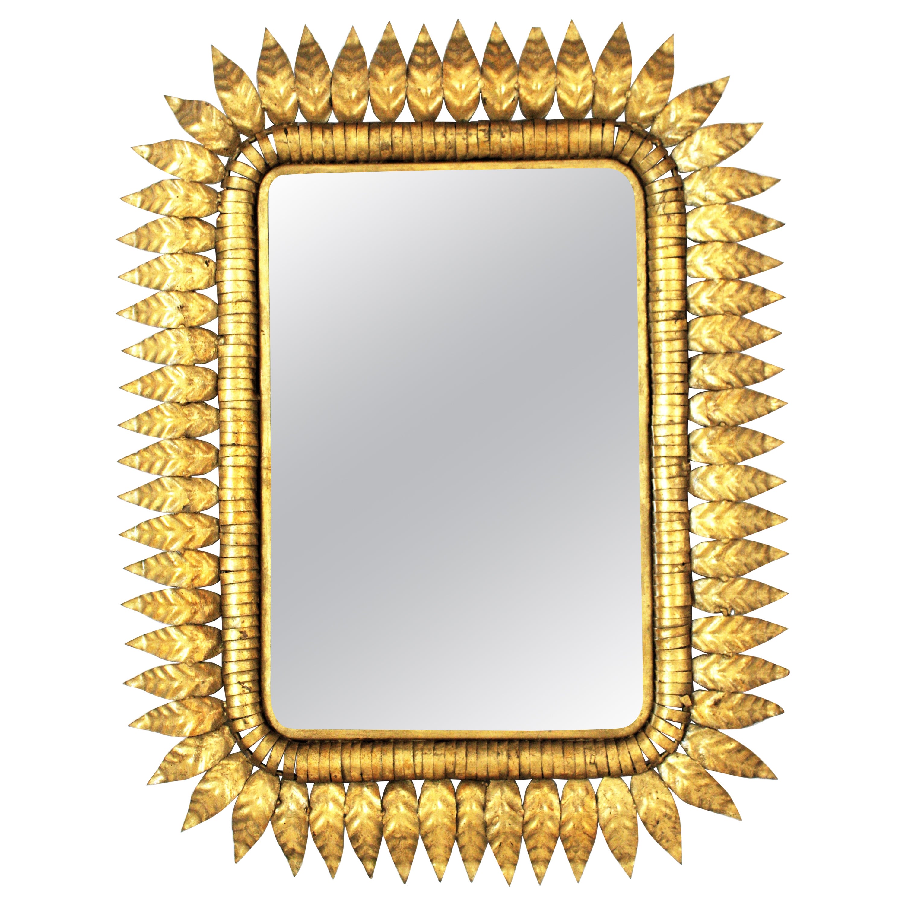 Sunburst Rectangular Mirror in Gilt Iron, Hollywood Regency 