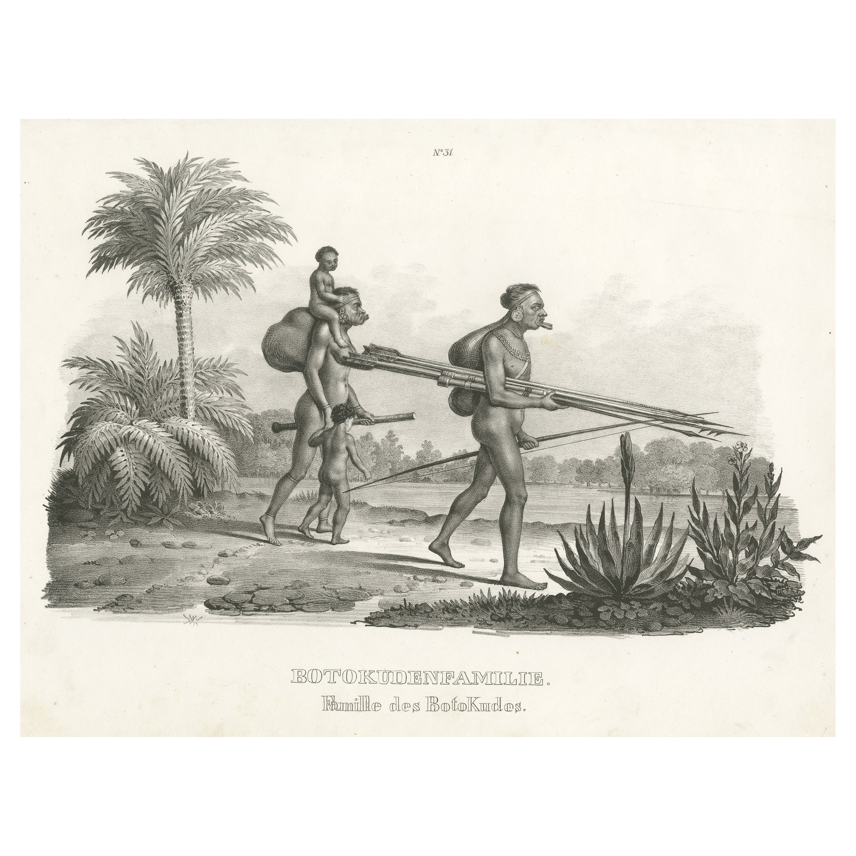 Antique Steel Engraved Print Showing Botocudo, South American Indian People For Sale