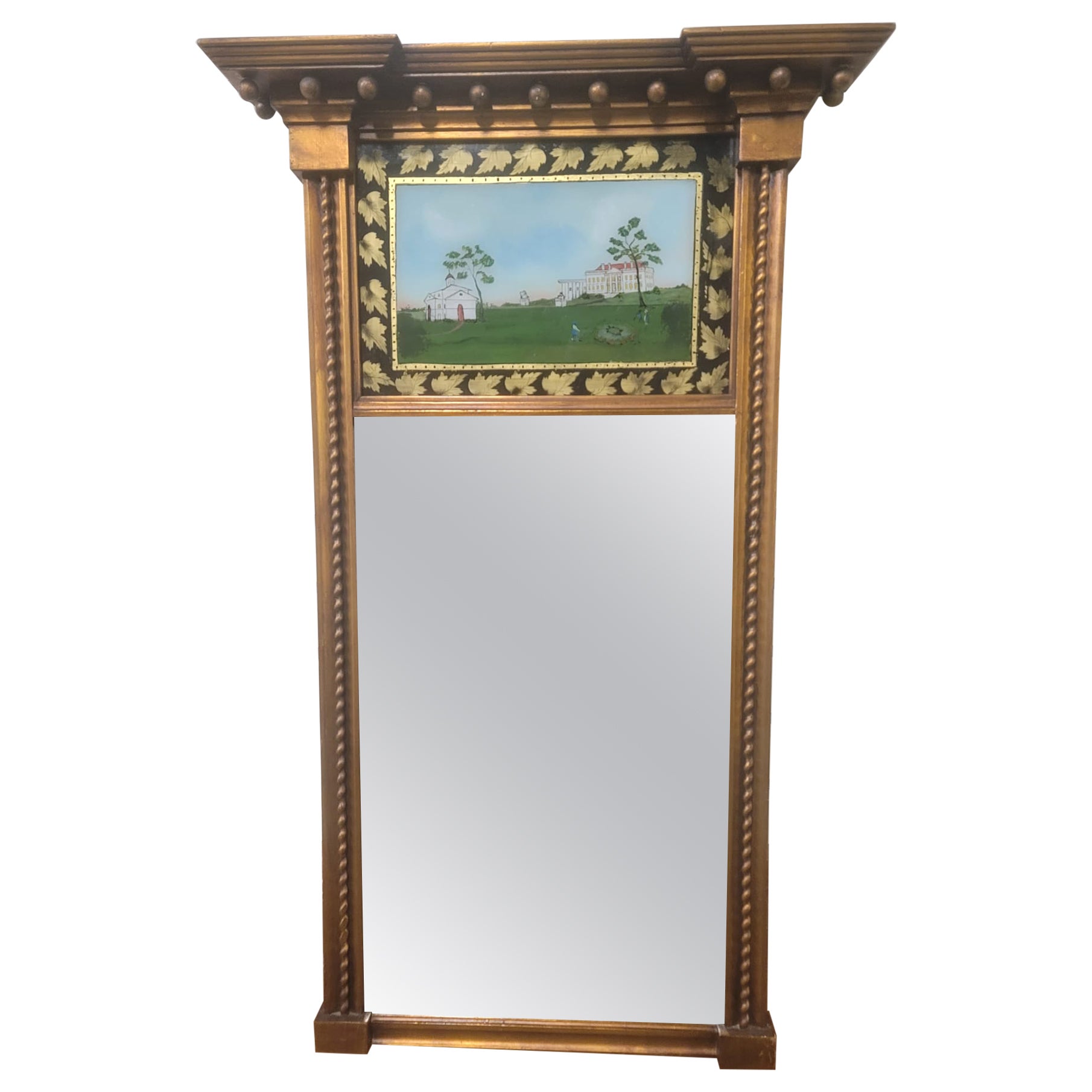 Georgian Style Reverse Painted Glass Historical House Trumeau Mirror For Sale