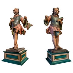 18th Century Portuguese Pair of Polychrome Sculptures of Warriors on Pedestal
