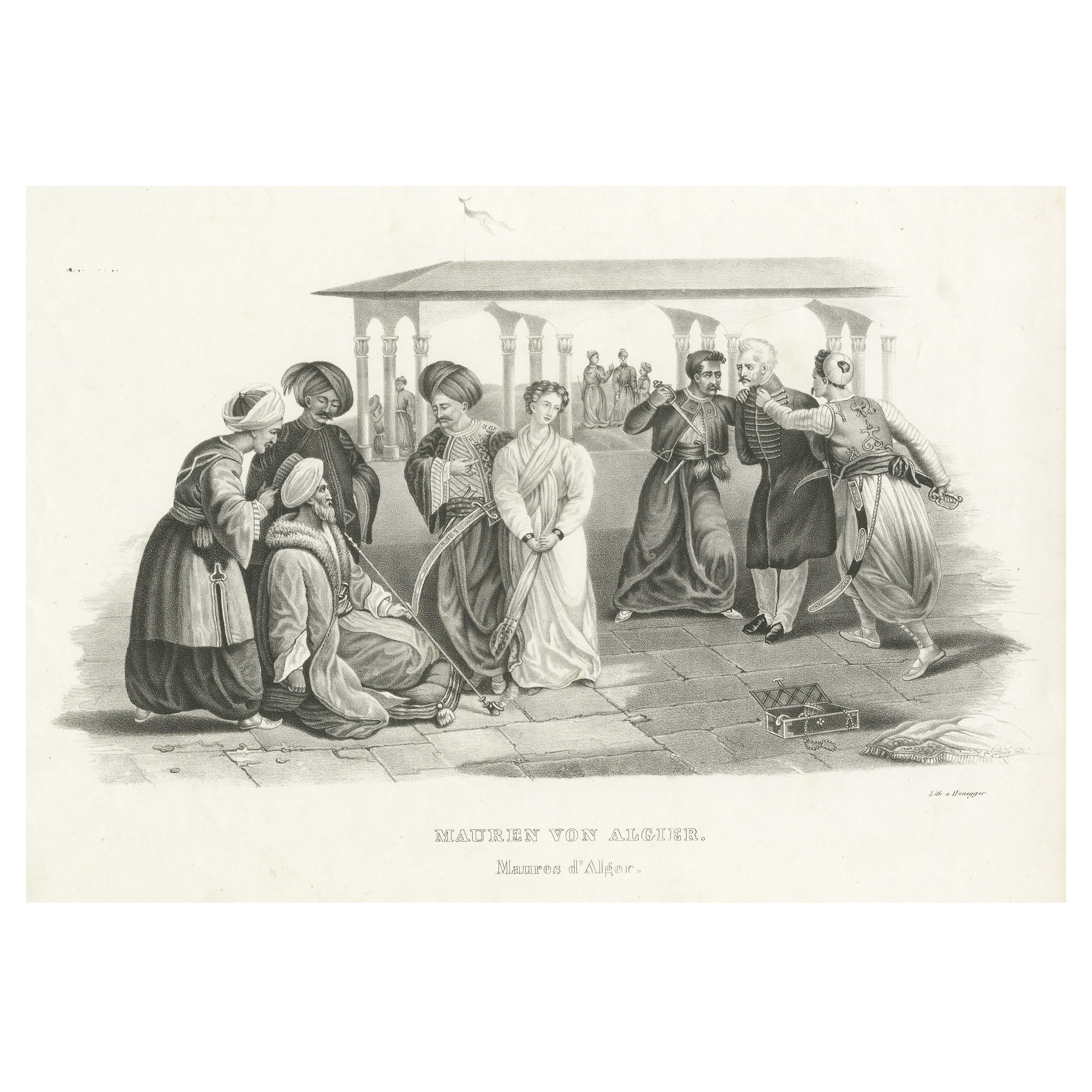Antique Steel Engraved Print Showing Moors of Algiers, Algeria For Sale