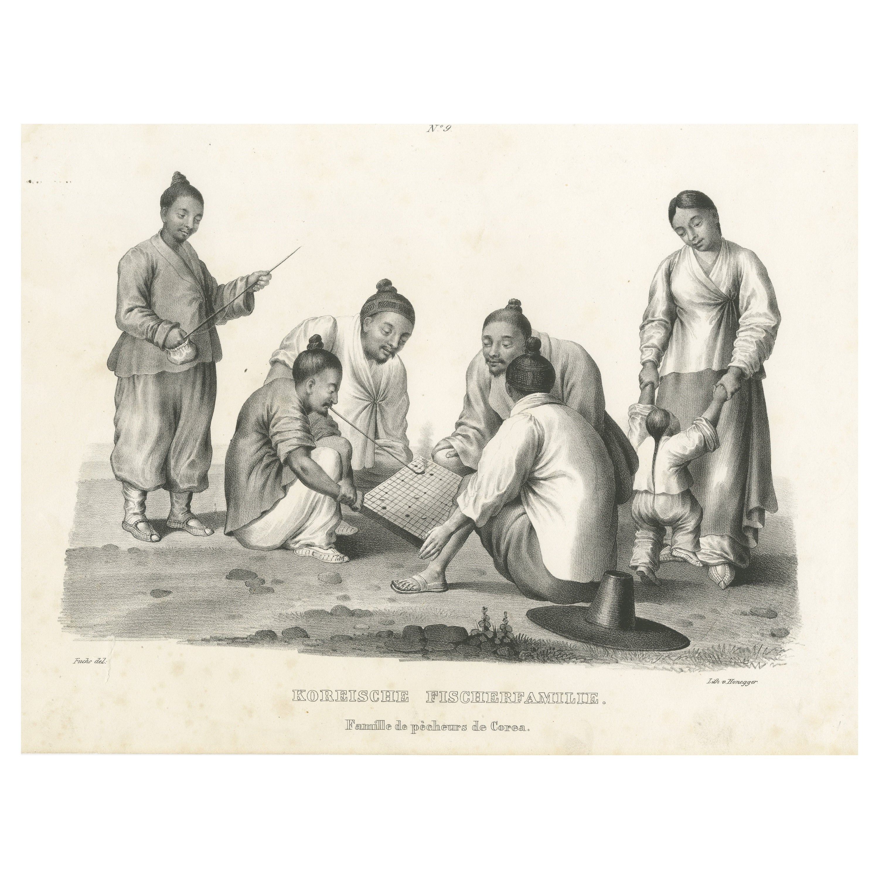 Antique Steel Engraved Print Showing a Family of Fishermen from Korea  For Sale