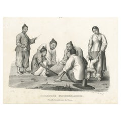 Antique Steel Engraved Print Showing a Family of Fishermen from Korea 