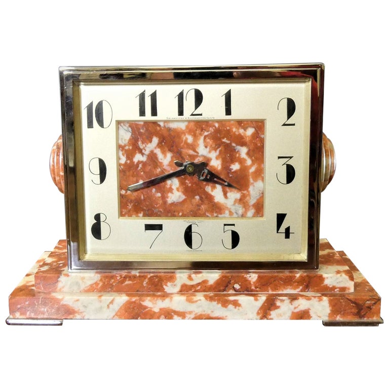 Rouge Marble and Chrome Art Deco Mantel Clock, Goldsmiths and Silversmiths For Sale at 1stDibs
