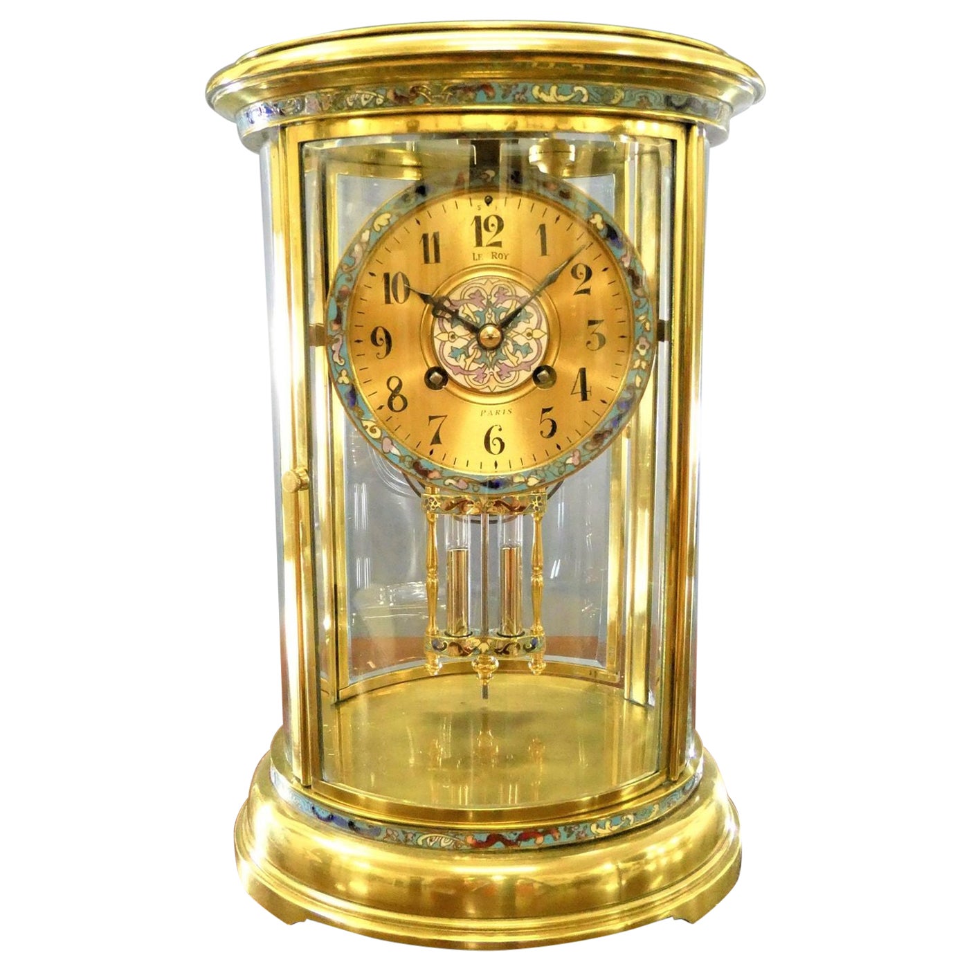 French Oval Four Glass Mantel Clock with Champleve Decoration, Le Roy, Paris For Sale