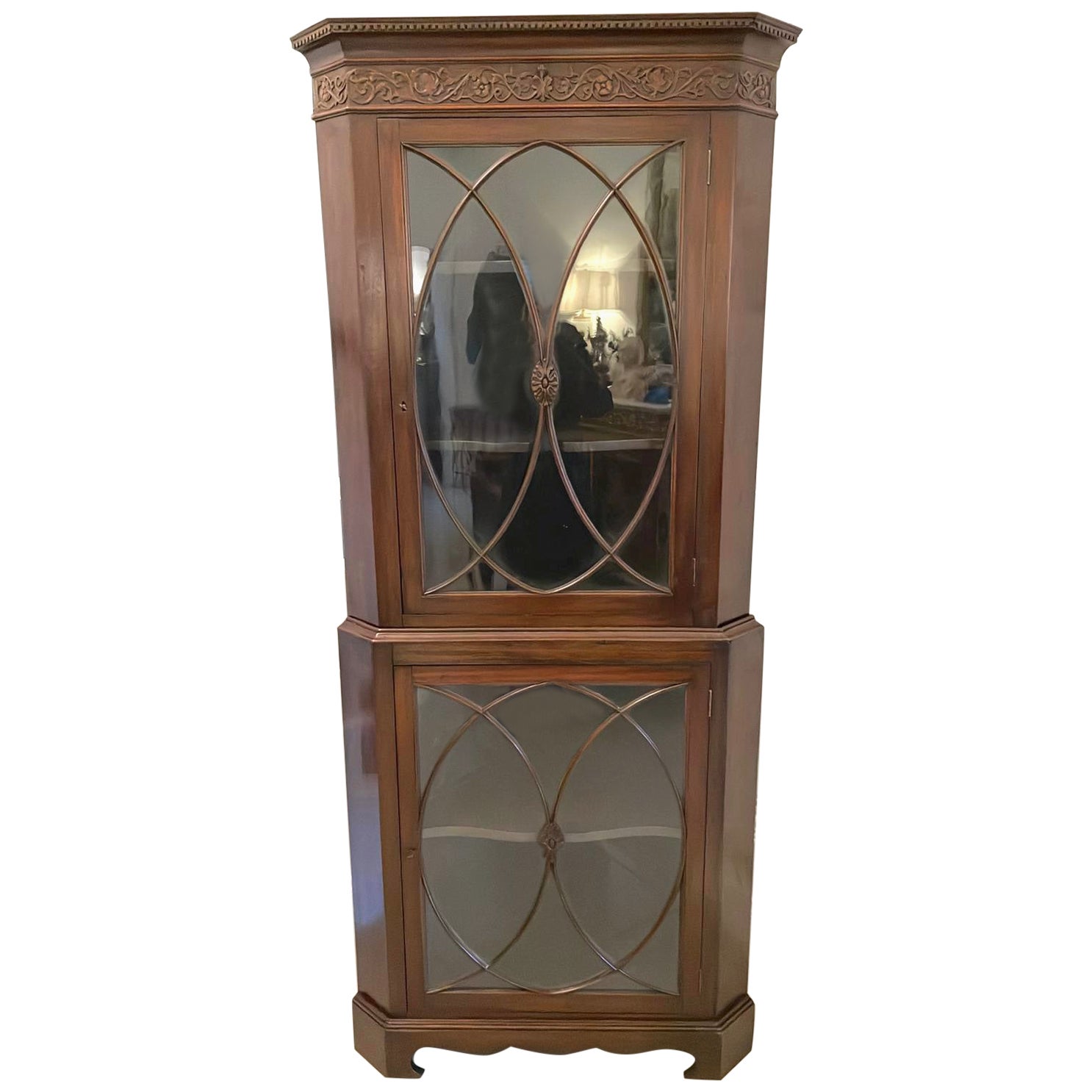 Antique Mahogany Astragal Glazed Carved Corner Cabinet For Sale