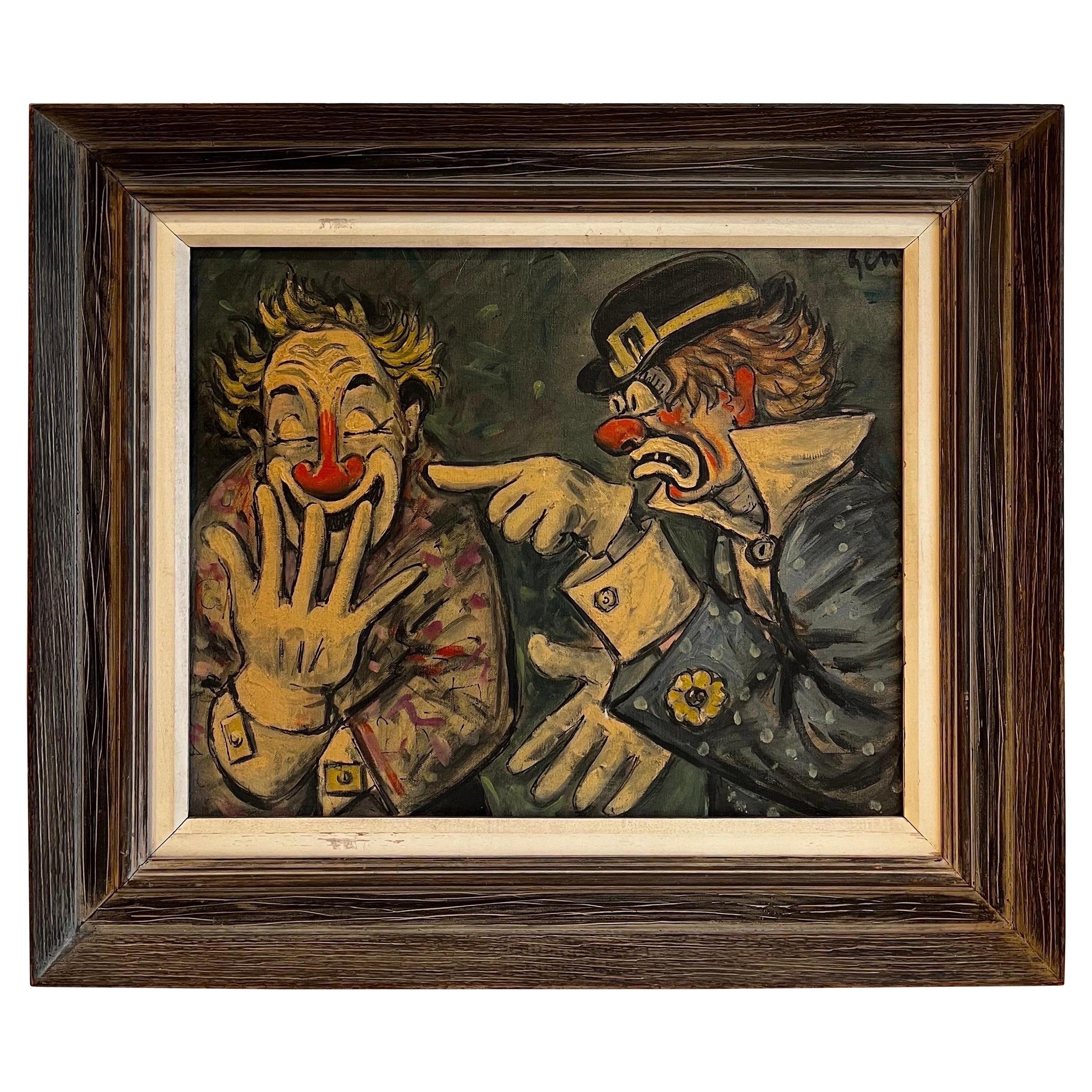 Expressive Clown Painting, signed, c. 1950 For Sale