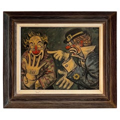 Antique Expressive Clown Painting, signed, c. 1950