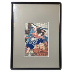 Antica stampa giapponese su legno di un samurai, XIX secolo