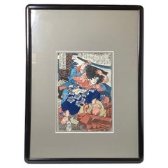 Ancienne gravure japonaise sur bois d'un Samurai, 19ème siècle