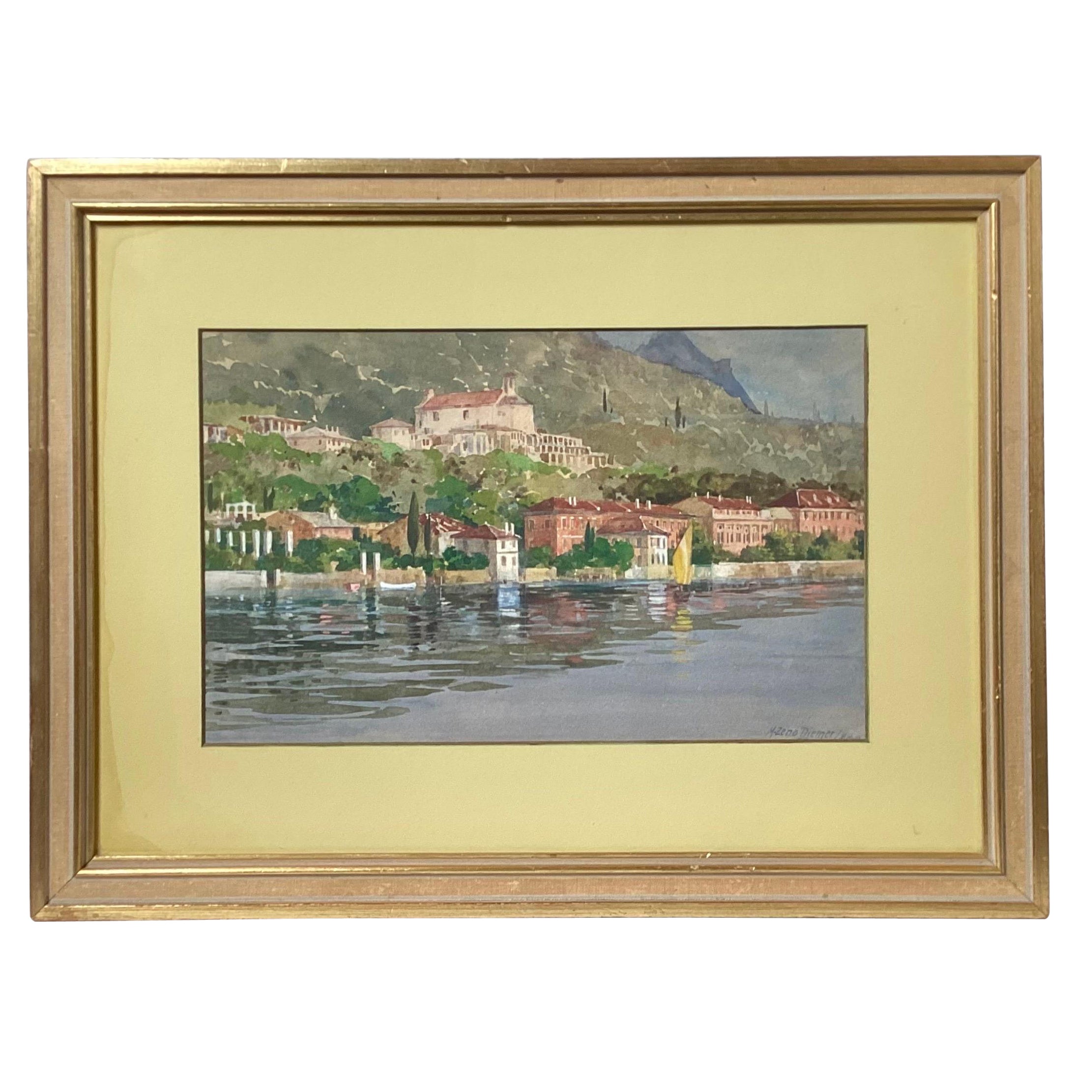 Early 20th Century Water Color of Mountainside, Seaside, Germany For Sale