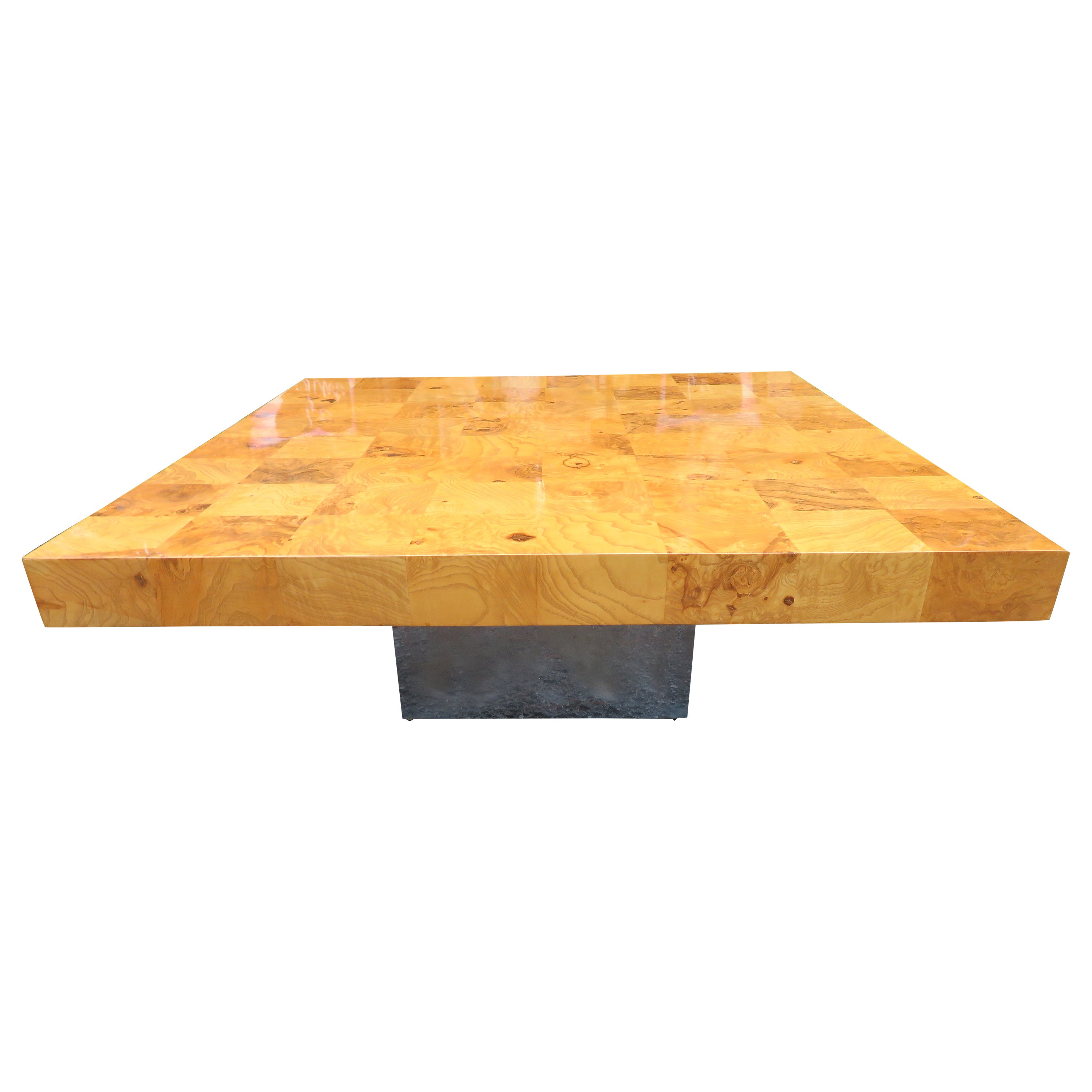 Fabulous Milo Baughman Burl Wood Chrome Cube Coffee Table, Mid-Century Modern