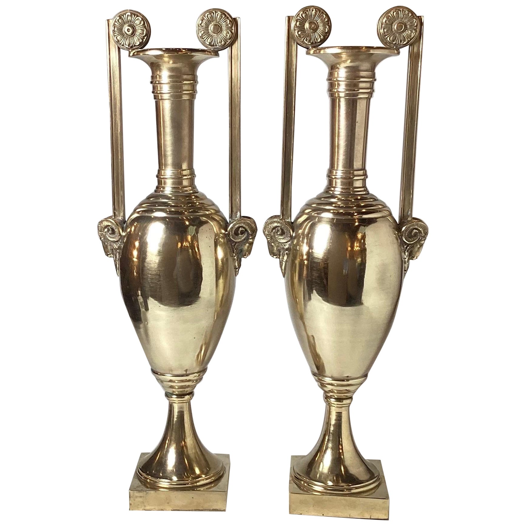 Tall Pair of Cast Polished Brass Neoclassical Urns For Sale