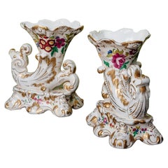 Pair of Rython Vase, Polychrome and Gilded Porcelain, 19th Century