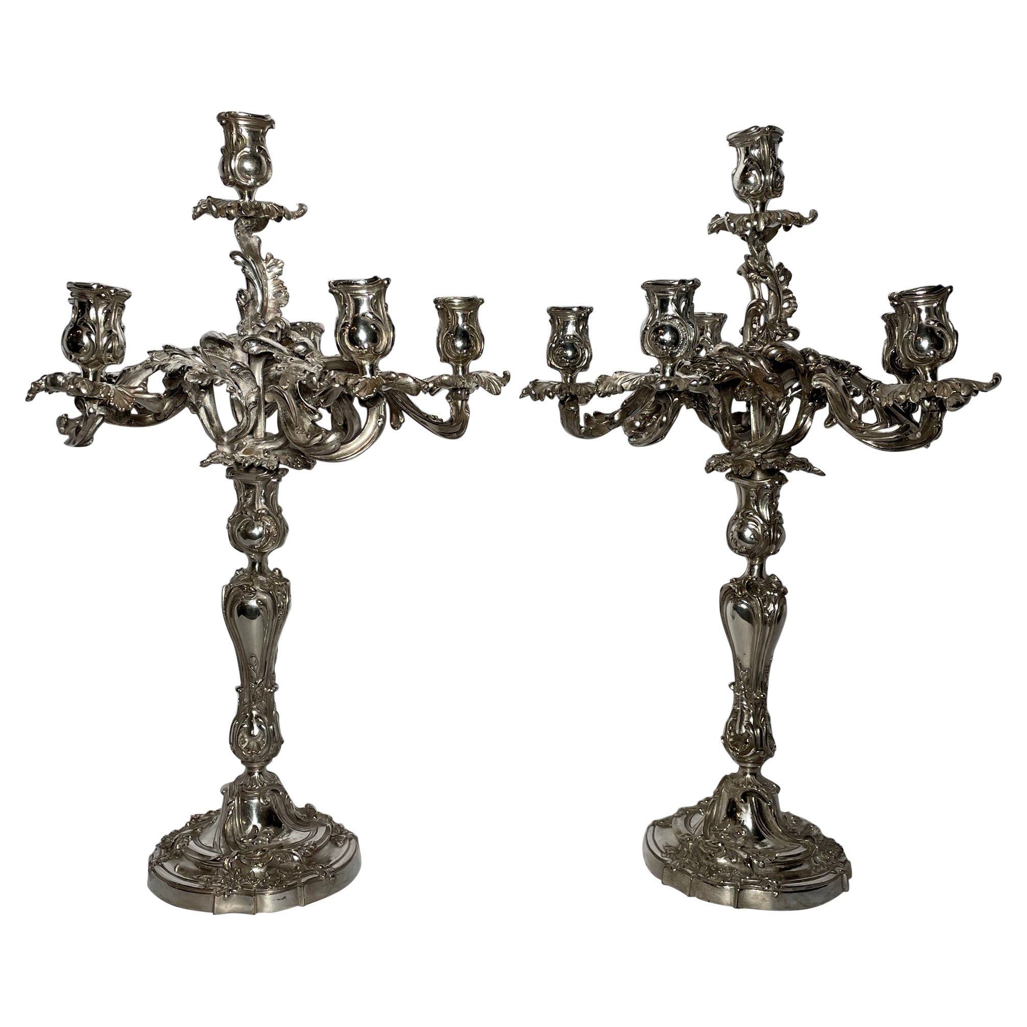 Pair Antique French Louis XV Silvered Bronze Candelabra, circa 1880