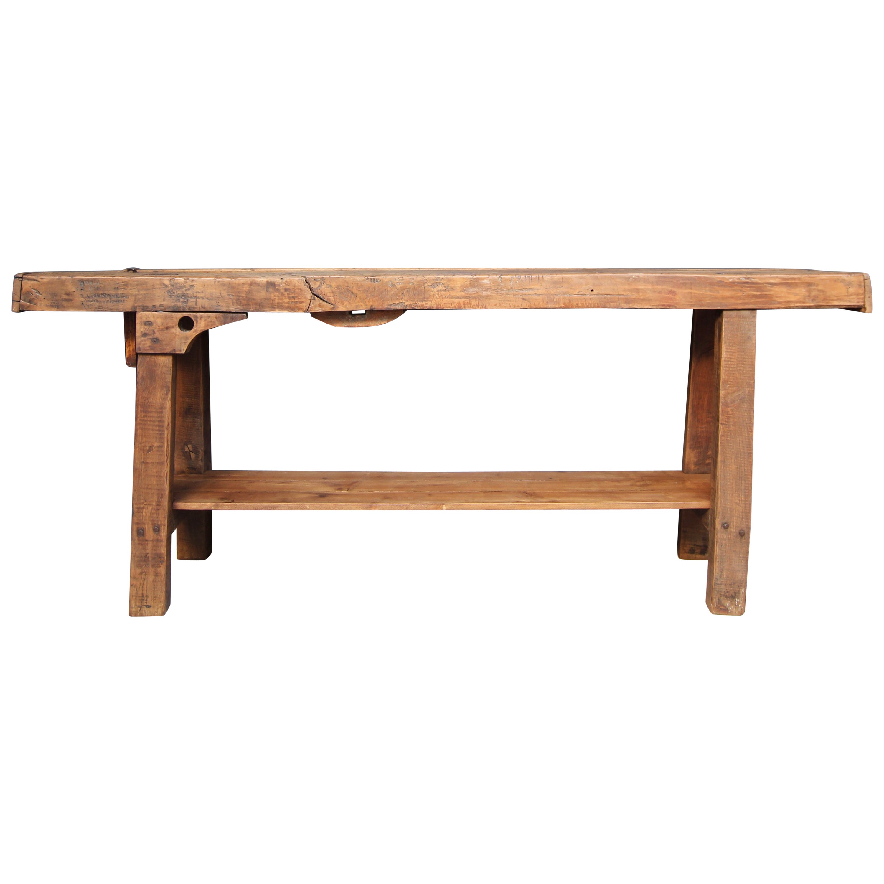 Early 20th Century Rustic French Industrial Workbench Console Table