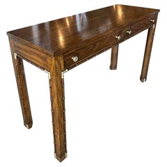 Vintage Faux Bamboo Brass & Wood Weiman Console Table or Desk with Drawers
