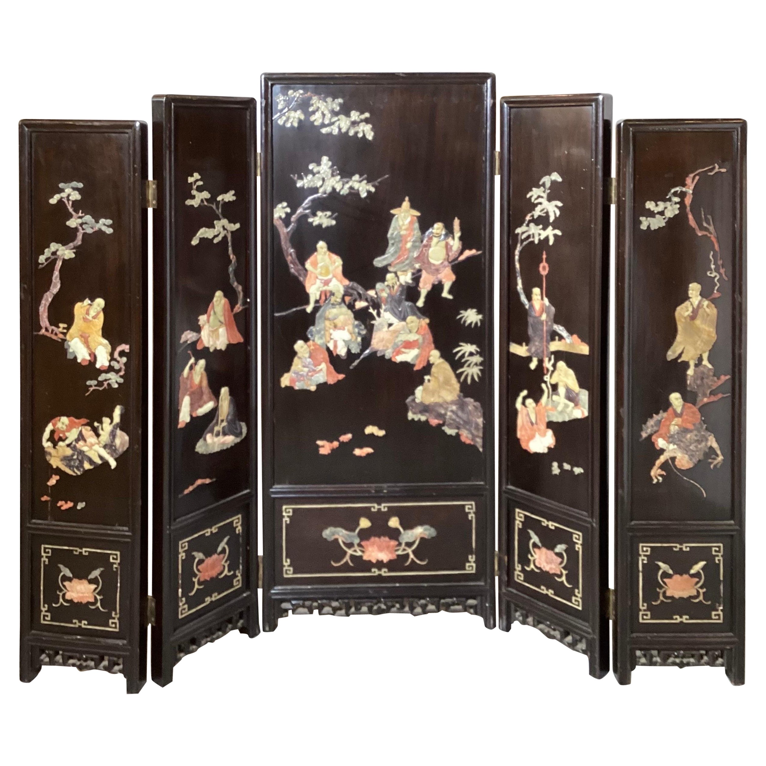 Antique Chinese Lacquered Wood and Soapstone Folding Screen
