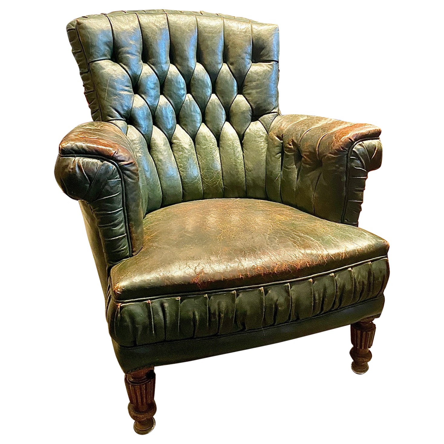 English Tufted Green Leather Library Armchair