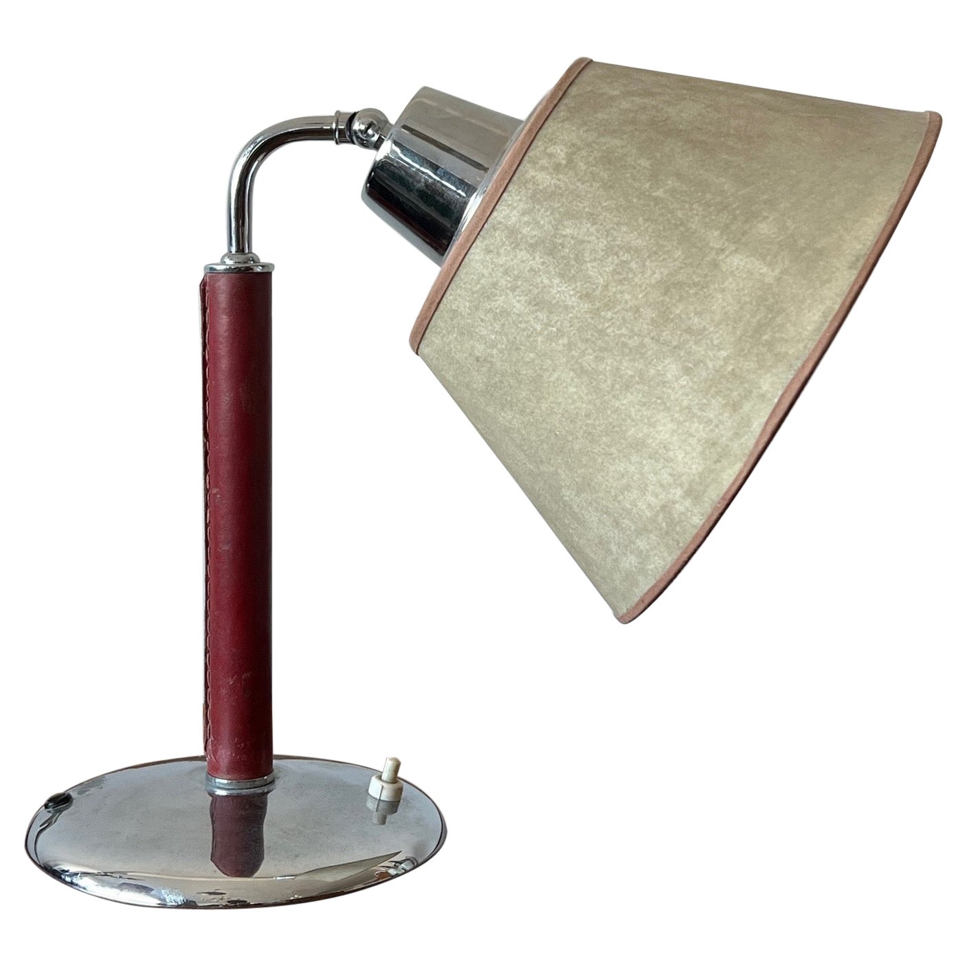 Elegant Desk Lamp in Red Leather and Parchment Shade For Sale
