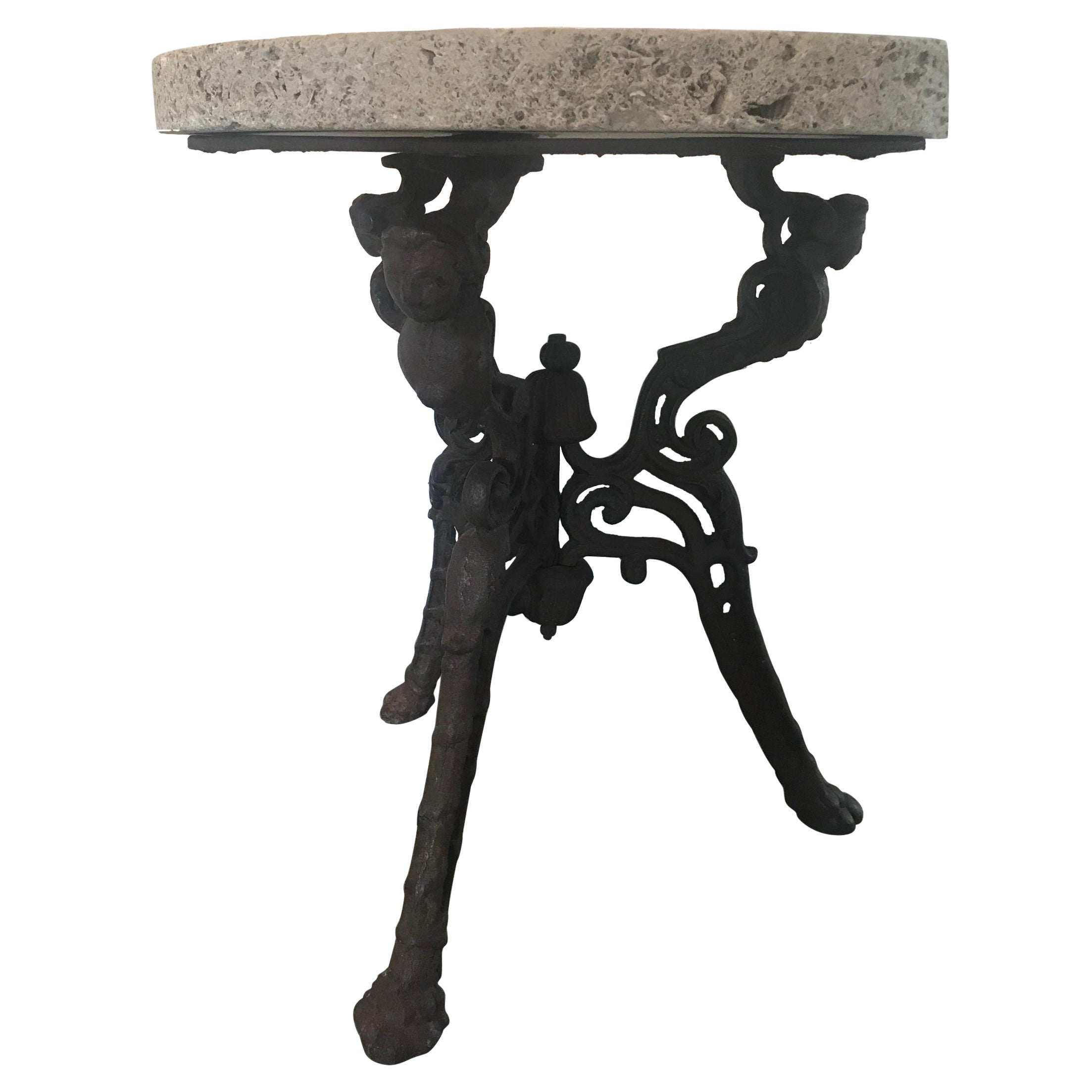 19th Century Italian Forged Iron/ Rugged Gueridon Stone Top Side Table Garden  For Sale
