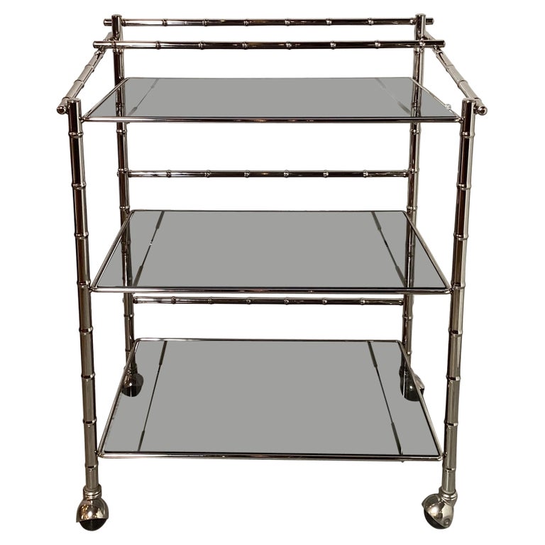 Midcentury Faux Bamboo Chrome Bar Cart For Sale at 1stDibs