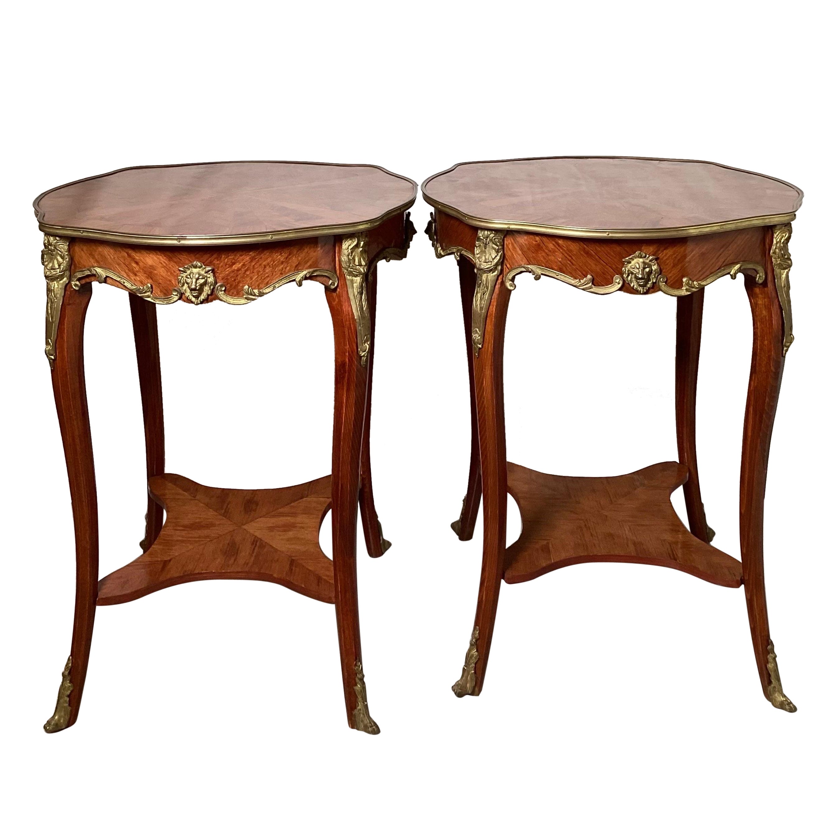 Pair of Mid-20th Century Inlaid Louis XV Style Gueridon Lamp Tables