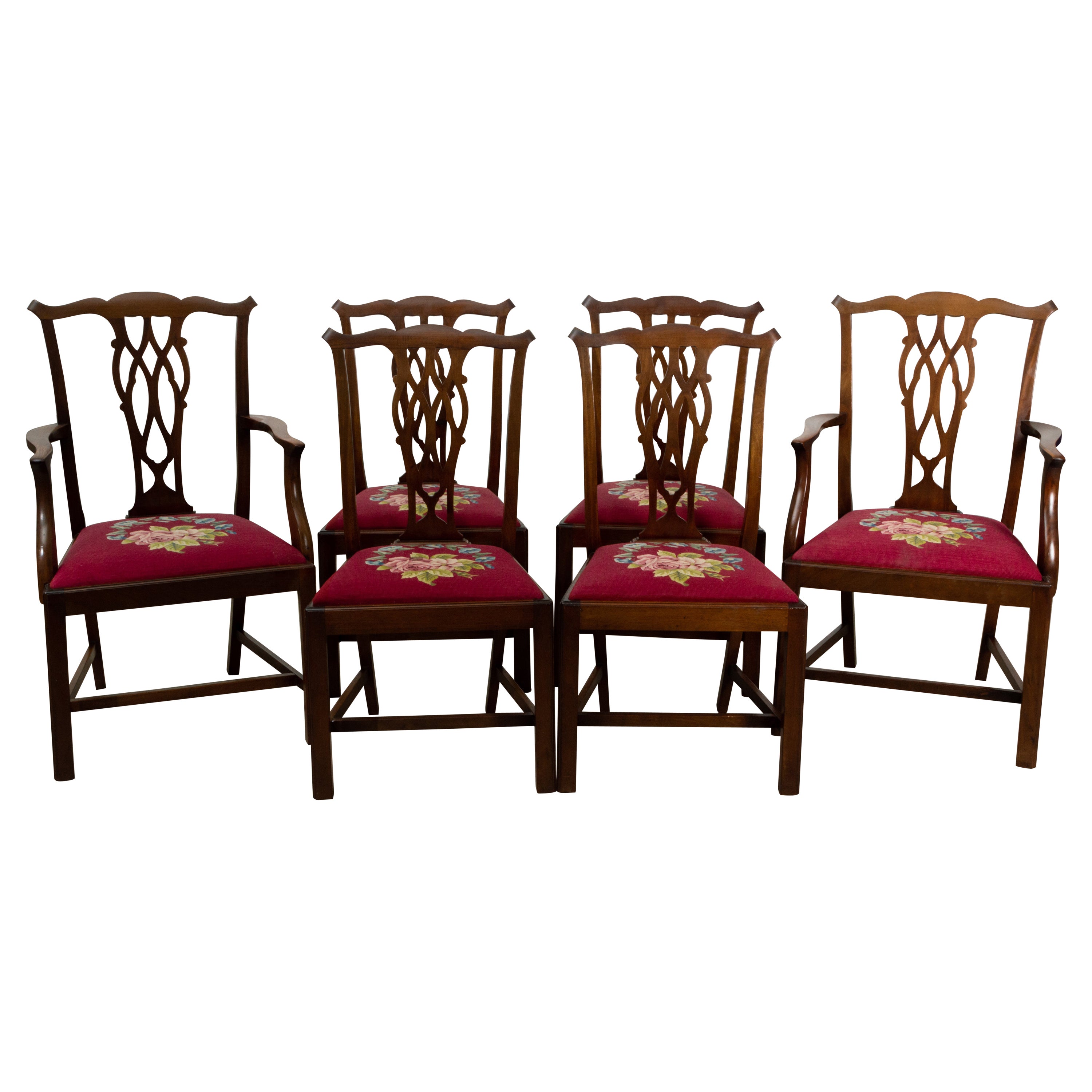 6 chaises de salle à manger anglaises anciennes en acajou de style néo-Chippendale victorien en vente