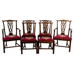 6 Antique English Victorian Chippendale Revival Mahogany Dining Chairs