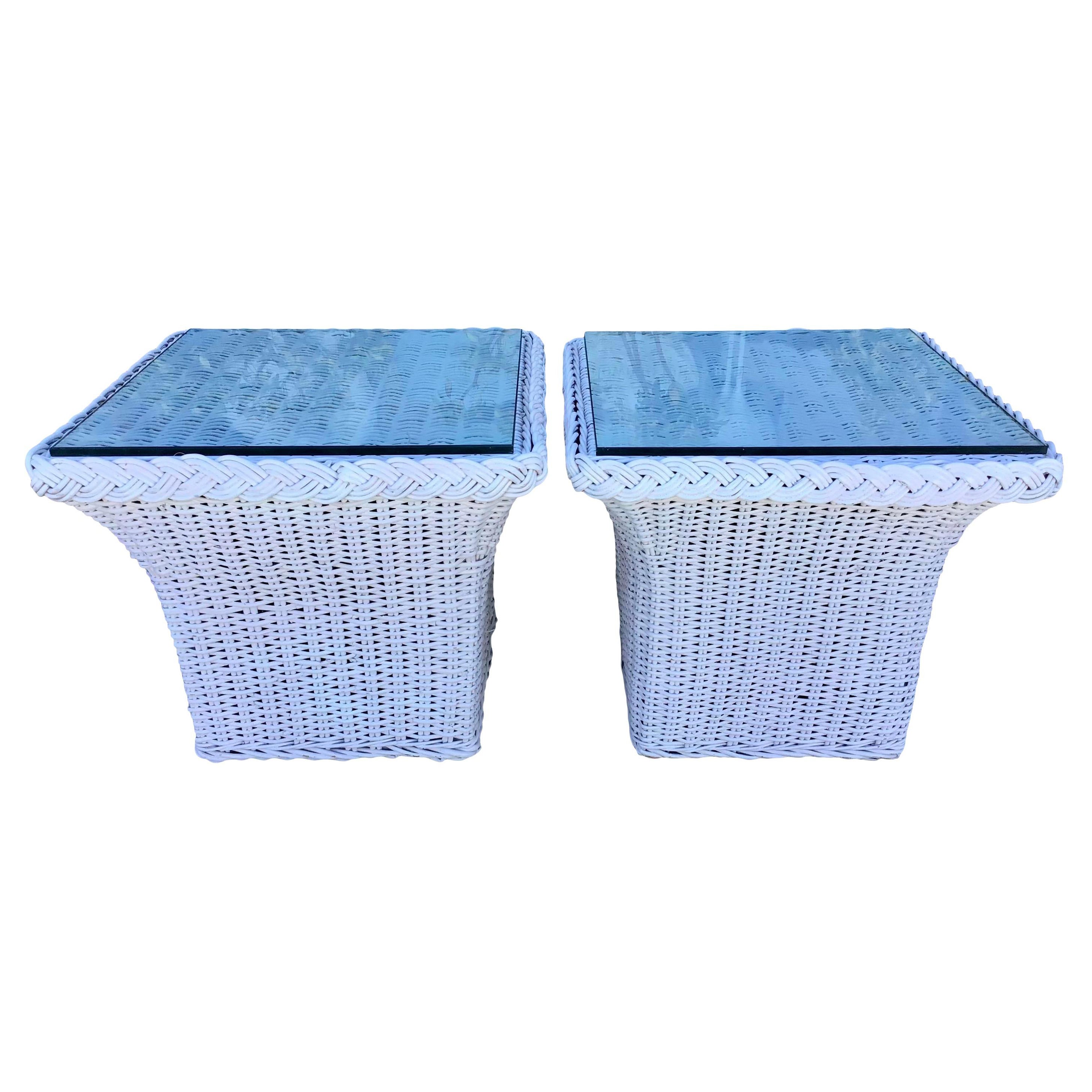 Bielecky Brothers White Square Rattan Side Tables, a Pair For Sale