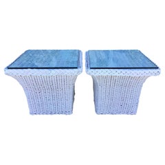 Bielecky Brothers White Square Rattan Side Tables, a Pair